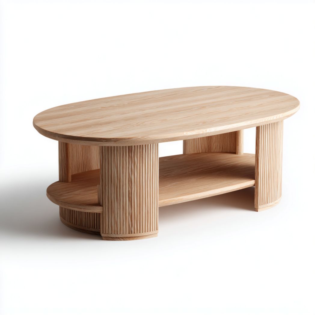Stół kawowy owalny z drewna z półką na książki - 120 x 60 x 45